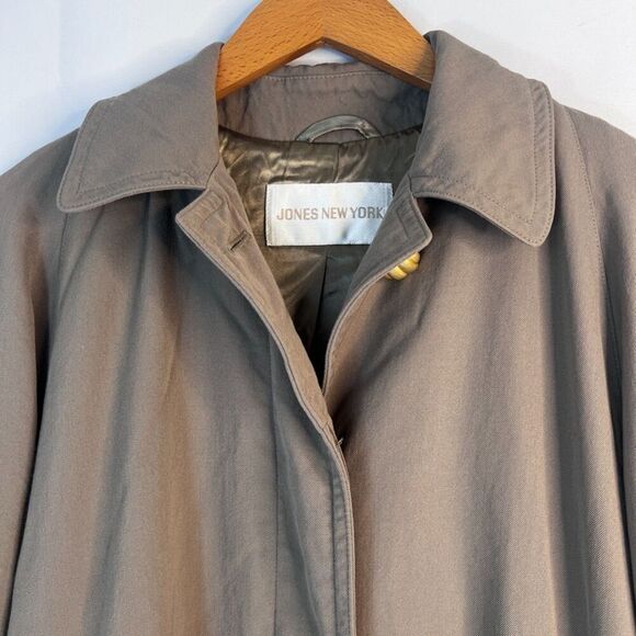 Jones New York Tan Brown 100% Pure Wool Trench Coat Button Front Petite Large - Picture 3 of 15